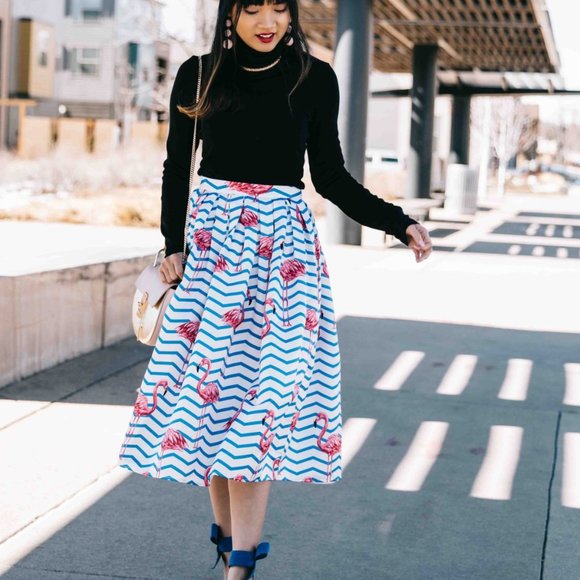 Pink Flamingo Nautical Blue White Stripe High Waisted Full Midi Skirt - Picture 3 of 16